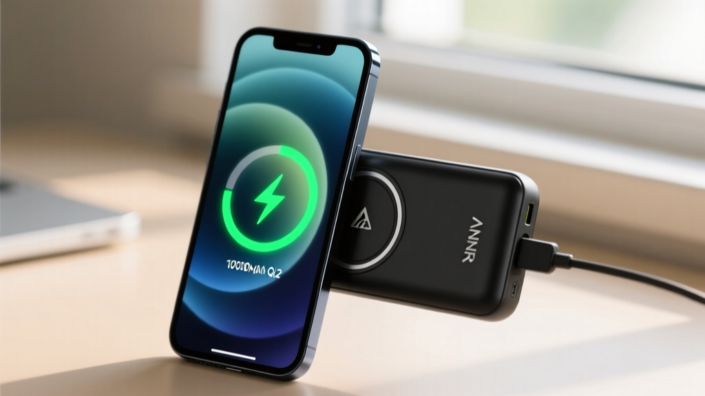 Close-up of an Anker MagGo 10000mAh Qi2 power bank magnetically attached to a smartphone displaying a fast wireless charging battery icon