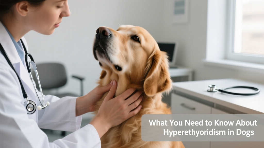 Close-up of a veterinarian gently palpating a dog's neck to check for thyroid enlargement