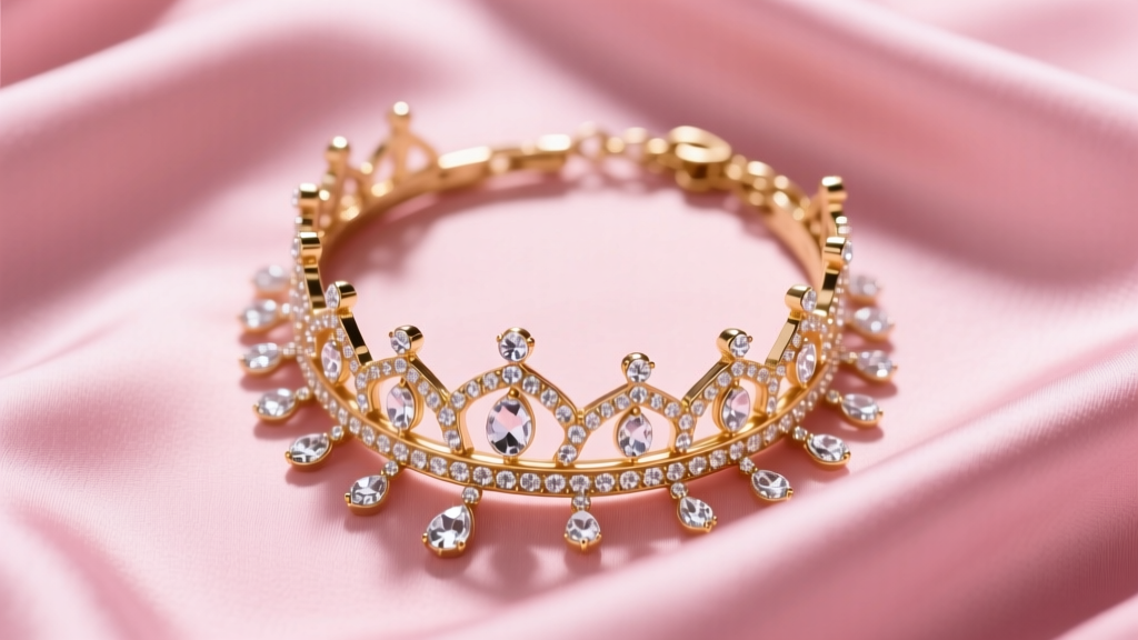 Vintage gold-plated Juicy Couture crown necklace with clear rhinestones on pink silk, soft lighting, top-down angle.