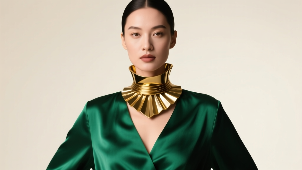 Woman wearing a bold sculptural gold collar necklace over an emerald silk blouse, illuminated by soft cinematic studio lighting.