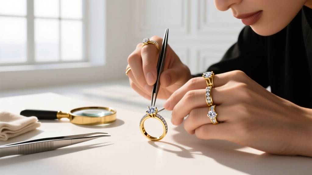 Jeweler's tweezers holding a 4mm 20-gauge hardened gold jump ring attaching a small star charm to a delicate 1.5mm chain link