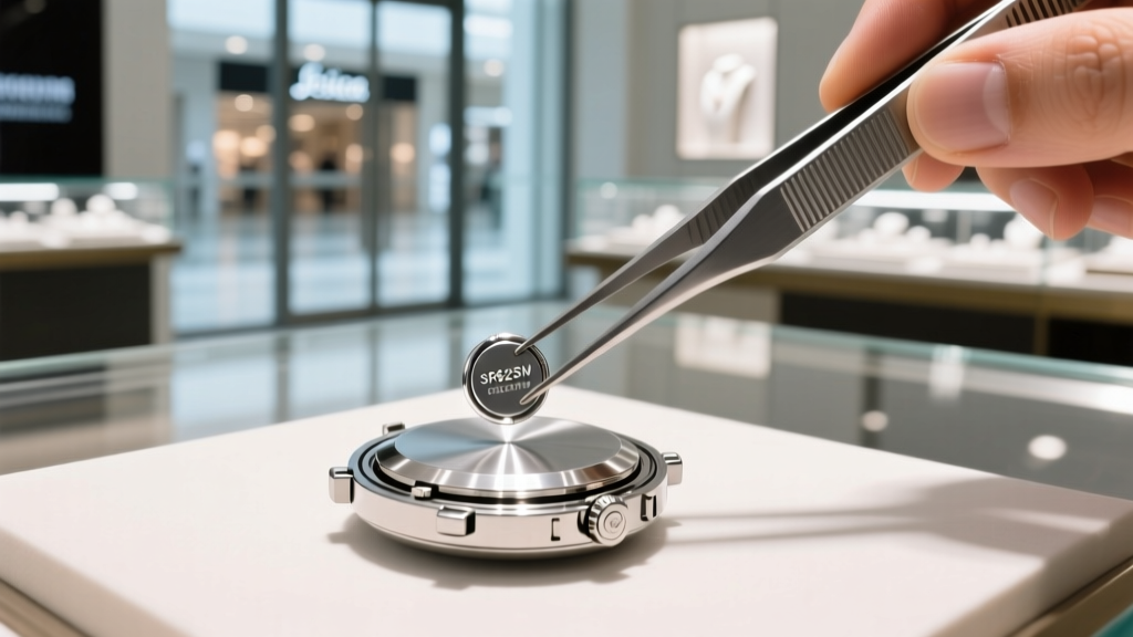 Close-up of tweezers placing an SR626SW watch battery into a stainless steel case back at a brightly lit mall jewelry repair kiosk.