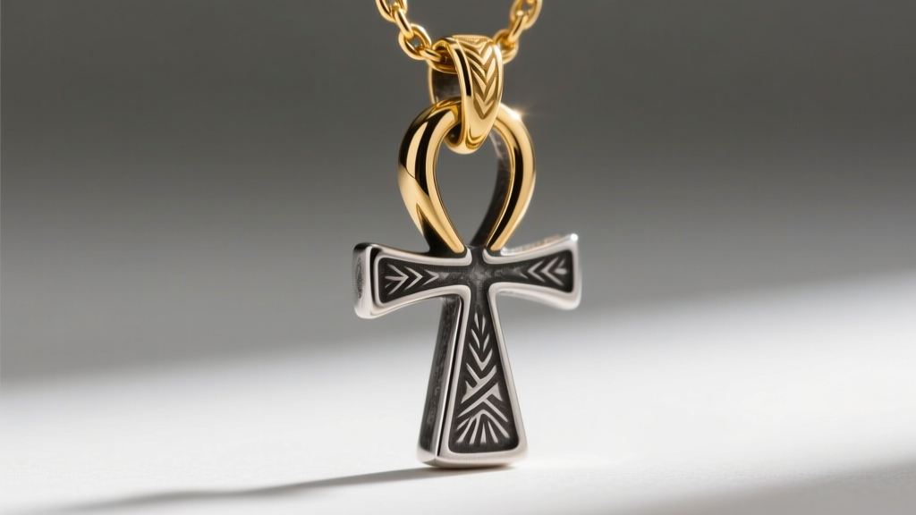 Close-up of an oxidized 925 sterling silver Ankh pendant showing deep relief casting marks and thick gold vermeil on the loop.