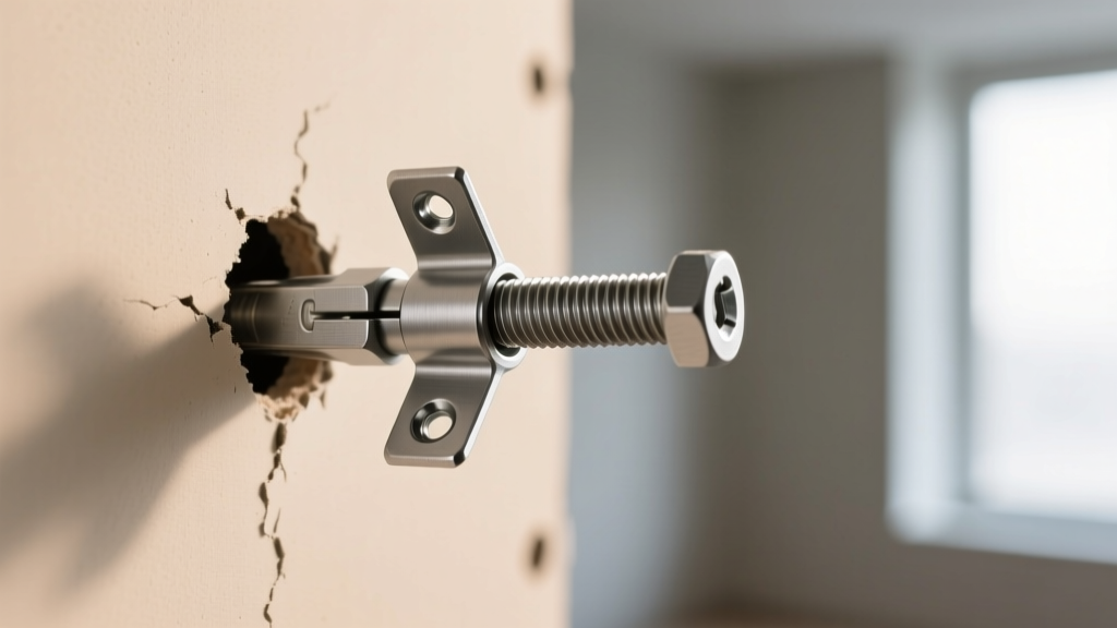 Macro shot of a steel toggle bolt anchor inserted into a half-inch drywall hole to support a heavy wooden jewelry wall cabinet.