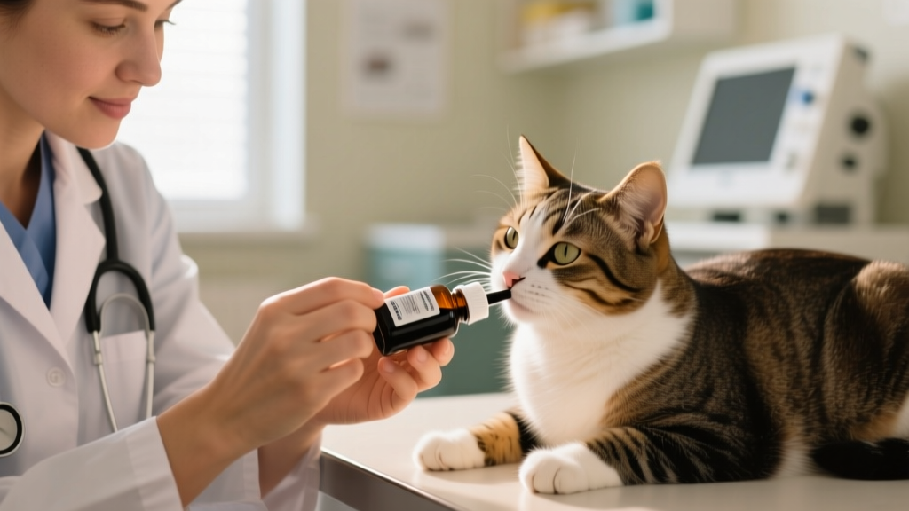 A veterinarian gently administering activated charcoal liquid to a calm cat in a clinical setting