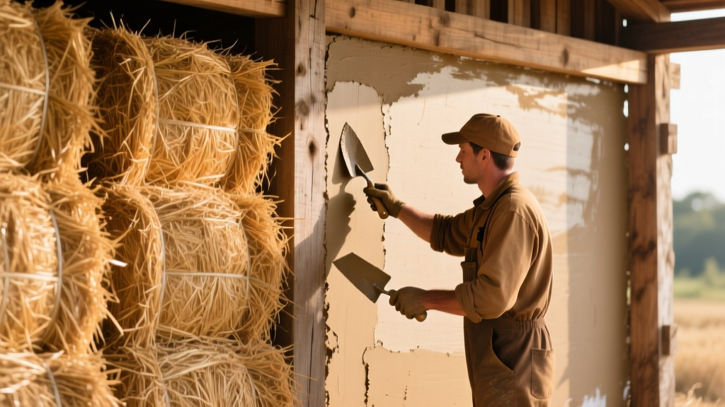 Tightly compressed wheat straw bales stacked against a timber frame, with a worker applying a base coat of earthen clay plaster.