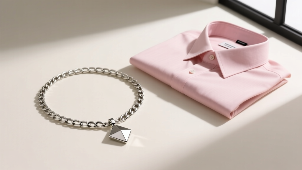 Flat lay gift box with a 16-inch platinum curb chain and geometric pendant, next to a folded pastel Mandarin collar linen shirt.