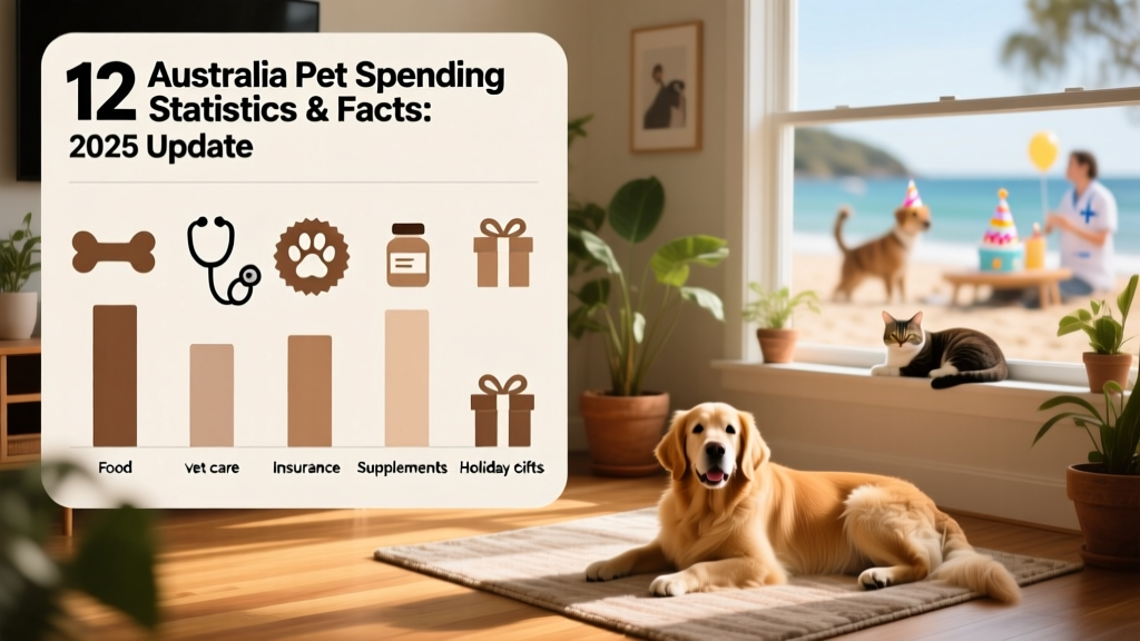 Infographic showing comparative annual spending across pet categories: food, vet care, insurance, supplements, and holiday gifts