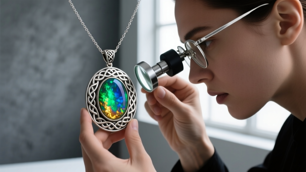 Jeweler using a loupe to inspect play-of-color in a cabochon opal for a custom runic-inspired binding necklace pendant design