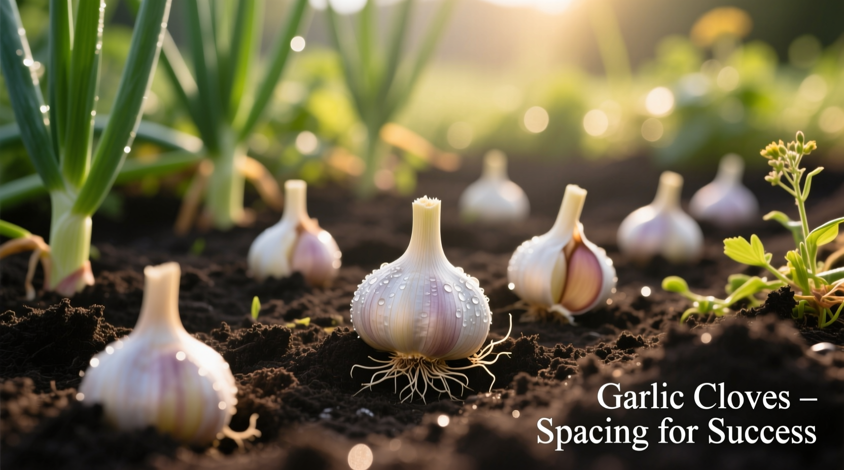 Garlic cloves properly spaced in garden soil