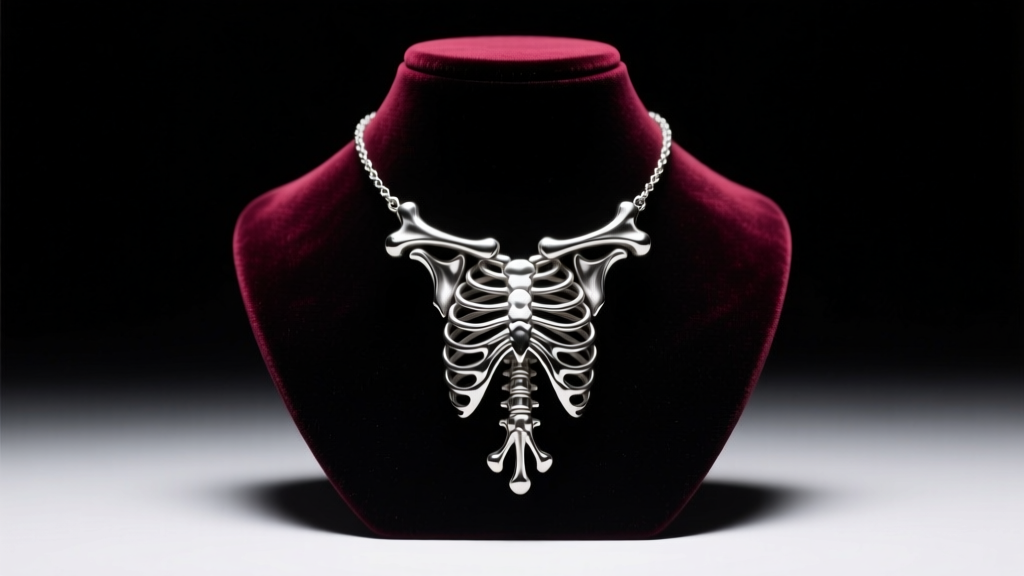 Avant-garde anatomical bone pendant necklace resting on a dark velvet display bust, illuminated by dramatic studio lighting.
