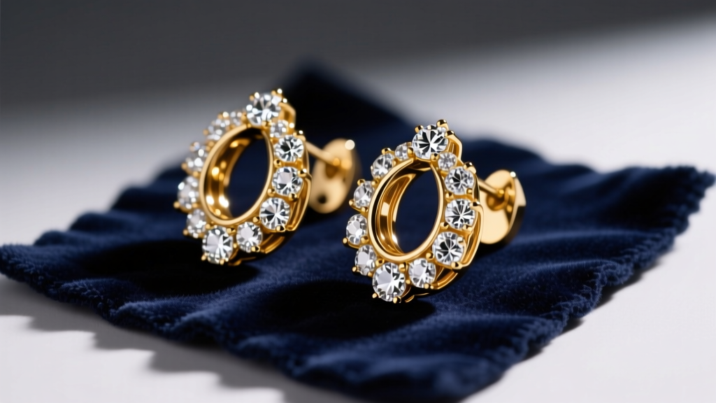 Close-up of gold statement pieces earrings with pavé diamonds resting on a dark velvet cleaning mat under soft studio lighting.