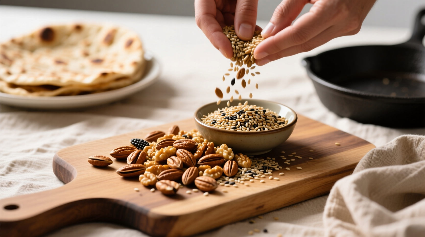 Close-up of Indian flatbread with sesame seeds sprinkled on top, demonstrating a practical nigella seeds substitute during rushed weeknight cooking