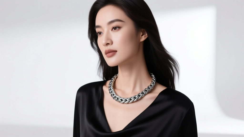 Woman wearing a John Hardy Naga silver station necklace over a black silk top, soft lighting highlighting the woven chain drape.