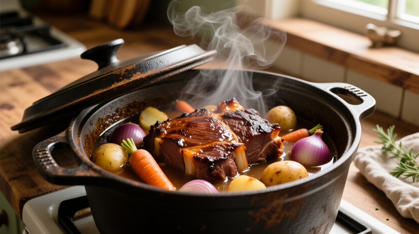 Slow cooked chuck roast with vegetables in cast iron pot