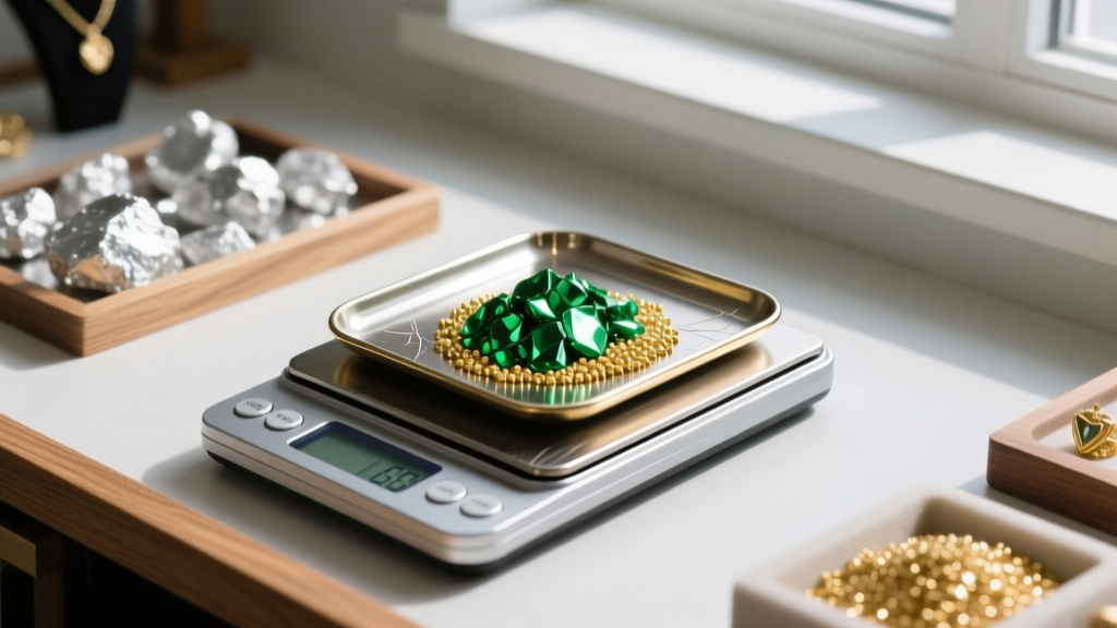 Jeweler workbench showing raw silver and gold grains weighed on a digital scale to create a custom green gold alloy mixture.
