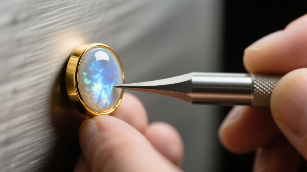 Close-up of a jeweler pushing a 1.2mm gold bezel wall over a cabochon moonstone using a polished steel pusher tool