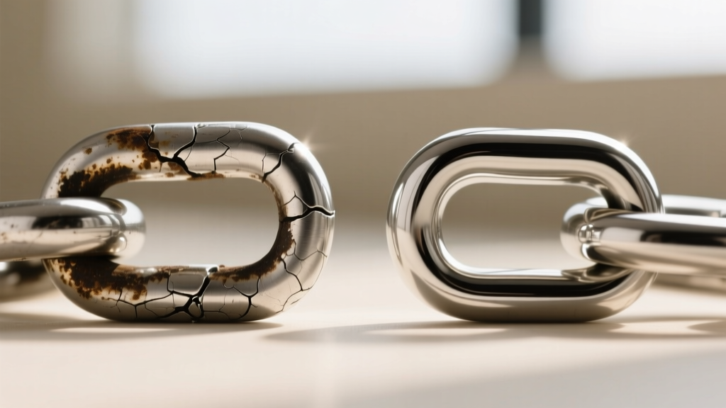 Macro shot comparing a tarnished 925 silver chain link beside a polished 316L steel link, showing oxidation from neck sweat