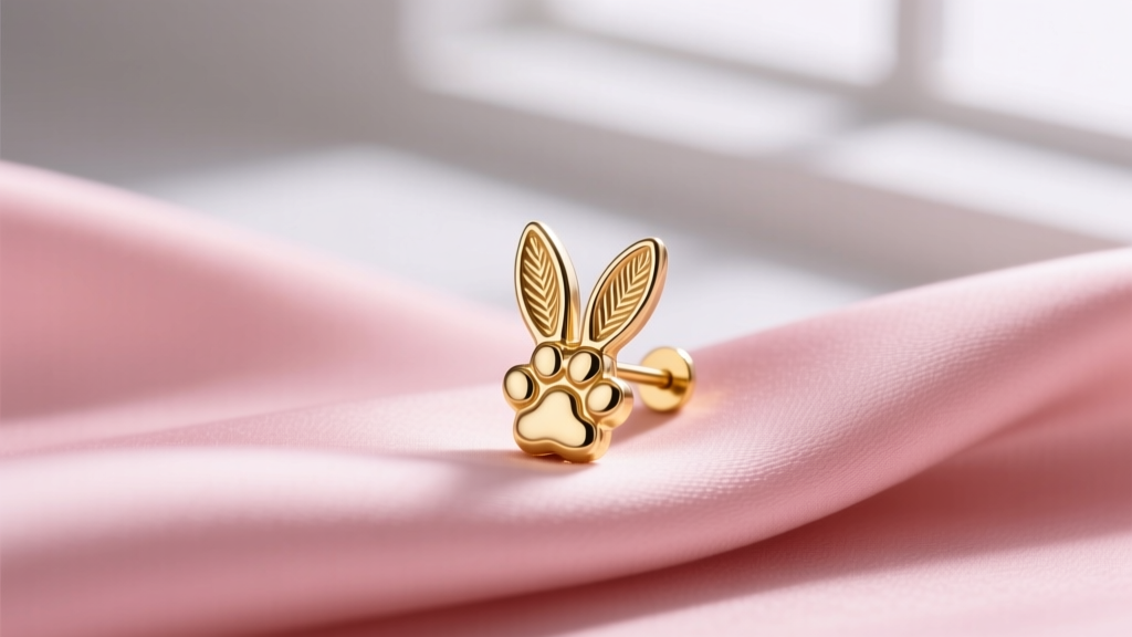 Macro shot of a 14k gold bunny stud earring on soft pink silk, bright studio lighting highlighting the highly polished metal edges.