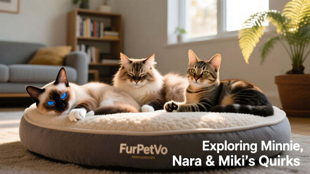 All three cats resting together peacefully on a FurPetVo memory foam cat bed