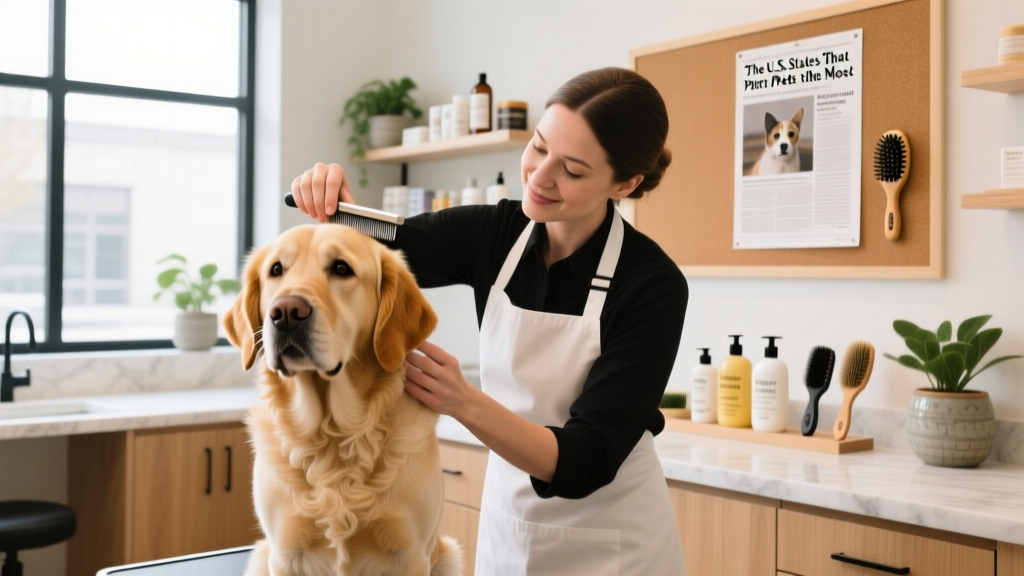 A friendly Labrador receiving gentle ear cleaning and brushing from a professional groomer in a bright, modern salon