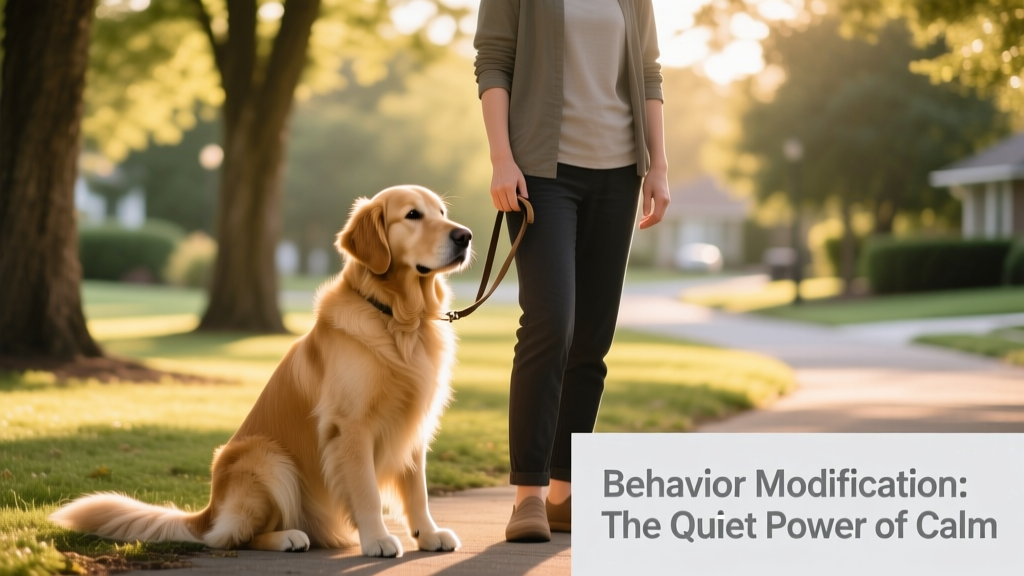 A calm dog sitting beside their owner during a quiet outdoor walk, showing relaxed body language
