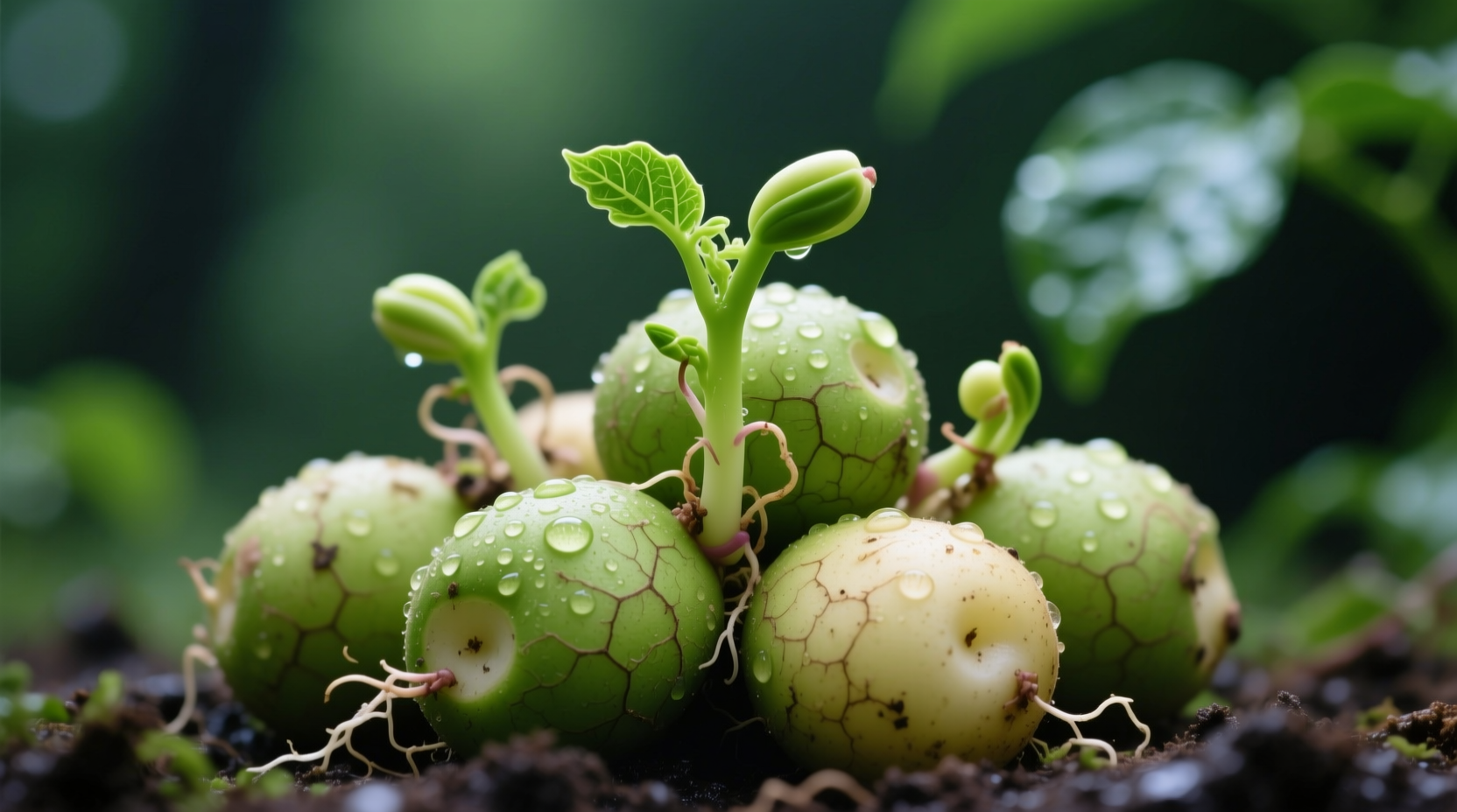 Close-up of sprouted potatoes with green skin