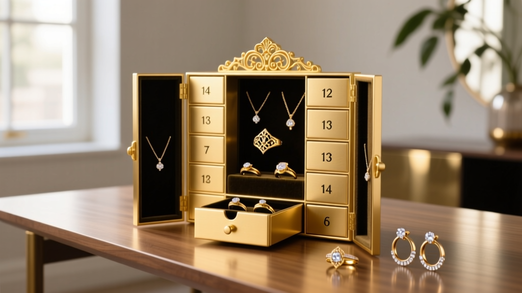Luxury gold advent calendar on a desk, displaying open velvet drawers with delicate 14k gold rings and small hoop earrings inside.