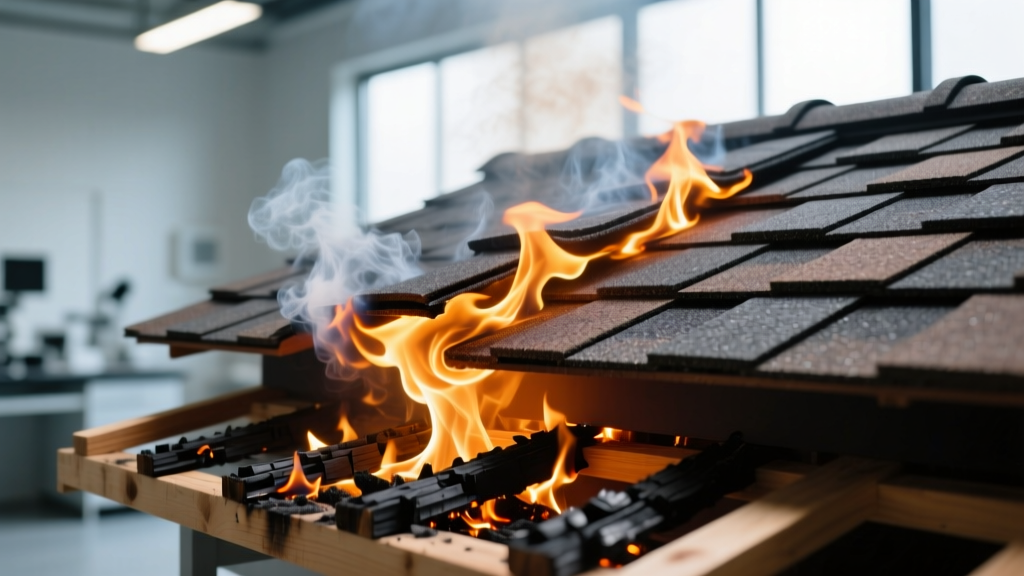 Close-up of a Class A fire-rated asphalt shingle roof undergoing a controlled burning brand test with a wooden lattice in a lab