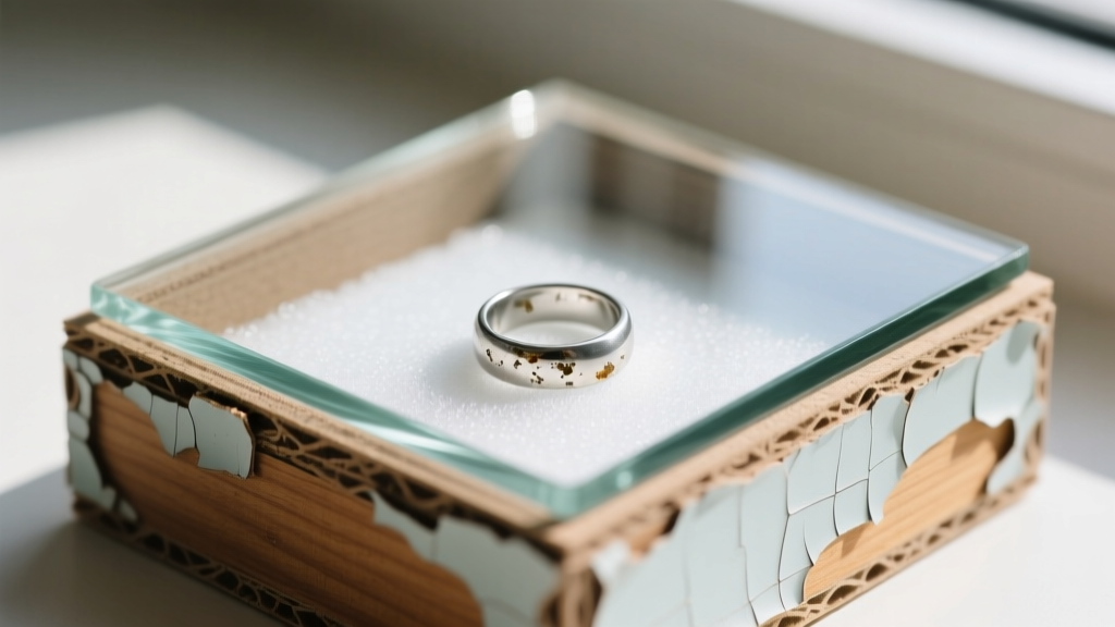 Macro shot of a budget glass top jewelry box MDF frame showing peeling veneer and a tarnished silver ring on white foam lining.