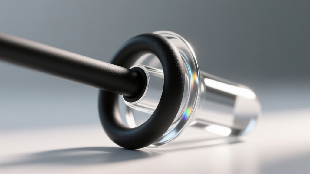 Black silicone O-ring stretched tightly over the flared edge of a smooth glass ear plug, highlighting the exact material thickness