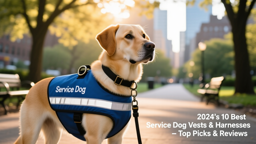A calm, focused service dog wearing a reflective, well-fitted blue vest with 'Service Dog' embroidery and D-ring leash attachment