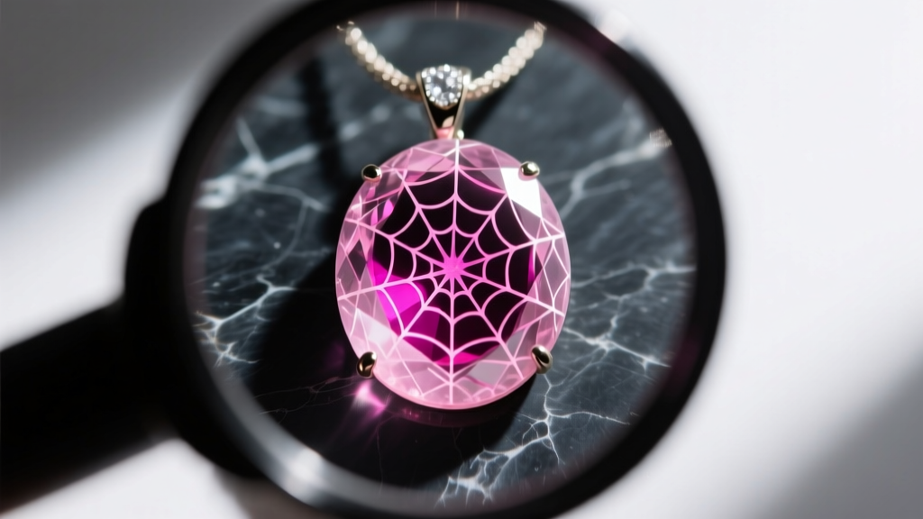 Jeweler loupe view of dyed pink quartz pendant showing concentrated dye fractures on a dark slate gemological testing mat.