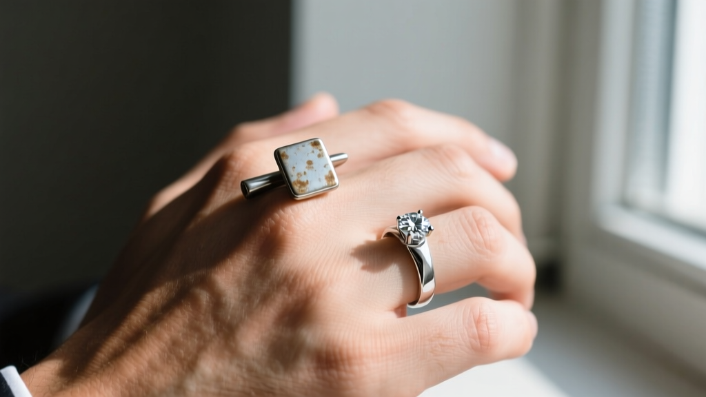Close-up of a hand showing a tarnished silver cuff contrasting with a bright platinum diamond wedding band in natural daylight
