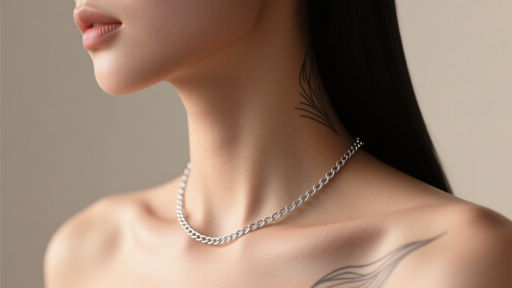 Side profile showing a 14-inch sterling silver collarbone chain resting on the clavicle, resembling delicate fine line tattoo ink.
