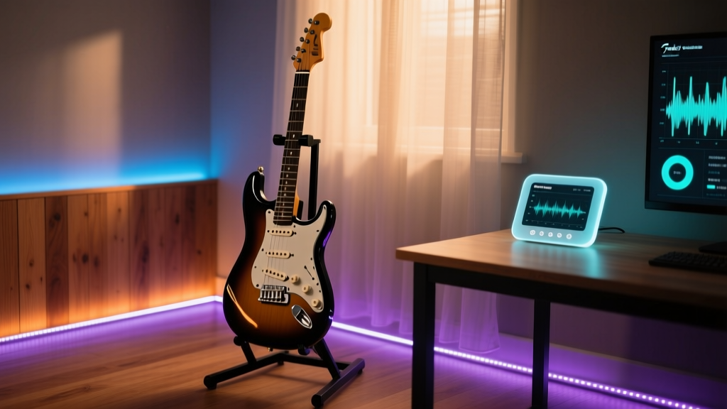 A cozy, dimly lit home guitar studio featuring a Fender Stratocaster on a stand, surrounded by glowing smart LED strips and a digital smart hub on the desk.