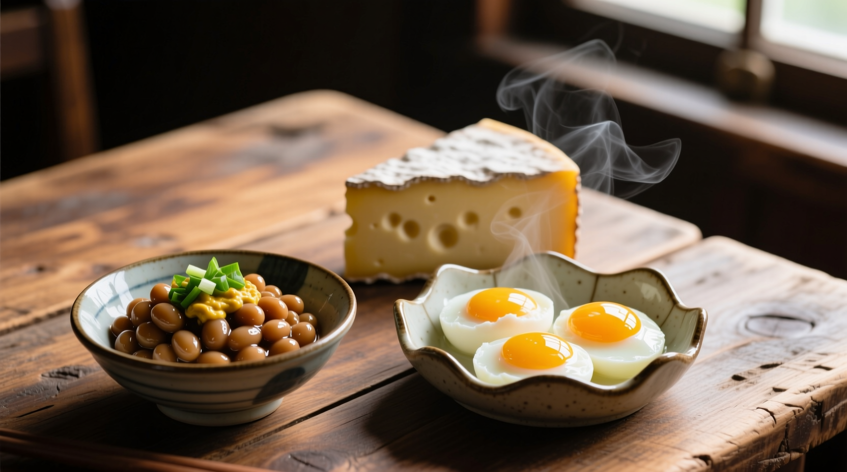 Natto, cheese, and eggs on wooden table