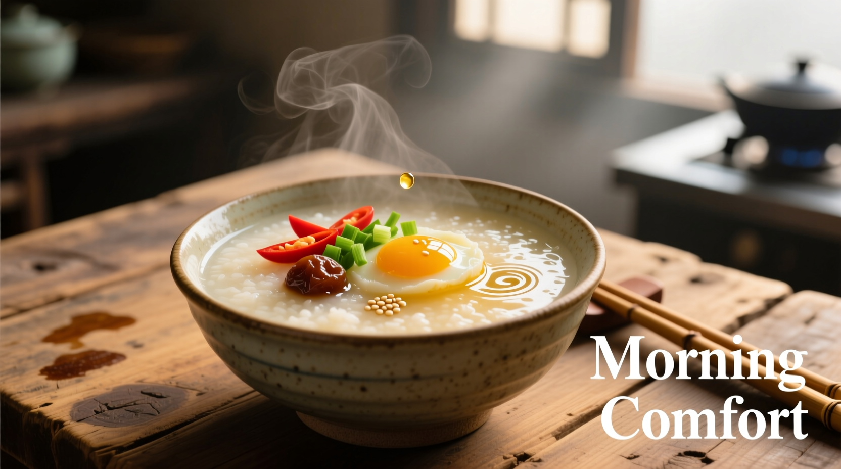 Steaming bowl of traditional Chinese congee with garnishes