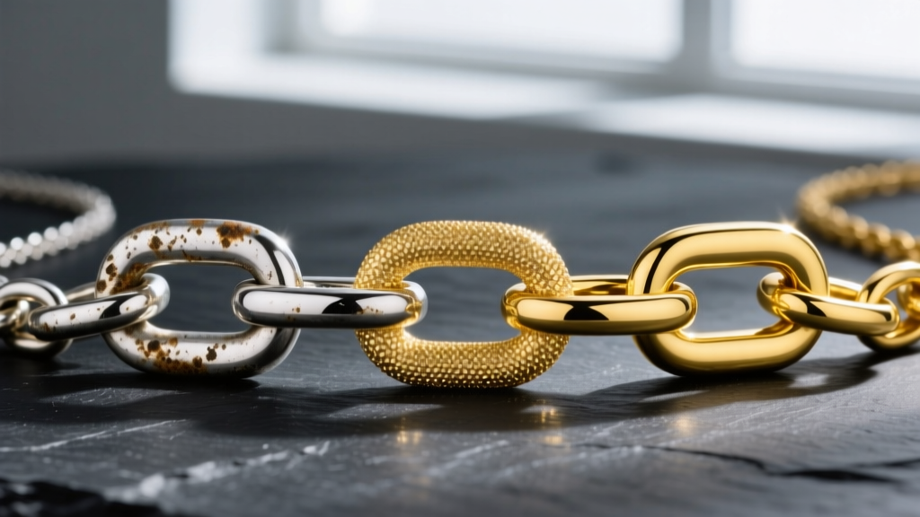 Macro photography comparing three necklace chain links: tarnished silver, bright gold-filled, and solid yellow gold on dark slate.