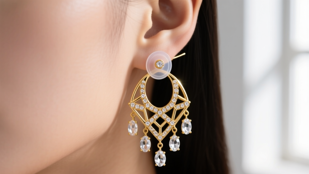 Close-up of an earlobe wearing a heavy gold chandelier earring supported by a clear silicone earring back for comfort and balance
