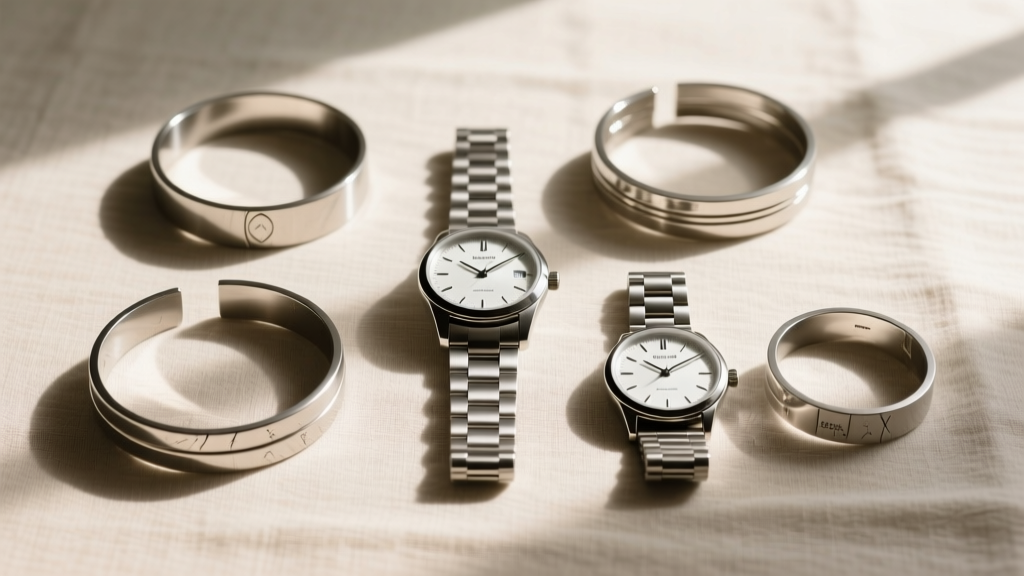 Flat lay of steel bangles and minimalist analog wristwatches on beige linen, shot from above with soft natural window lighting