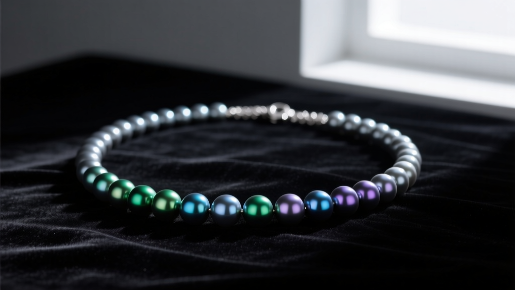 Dark grey Tahitian pearl necklace resting on black velvet, highlighting silver and peacock iridescent overtones in moody lighting.