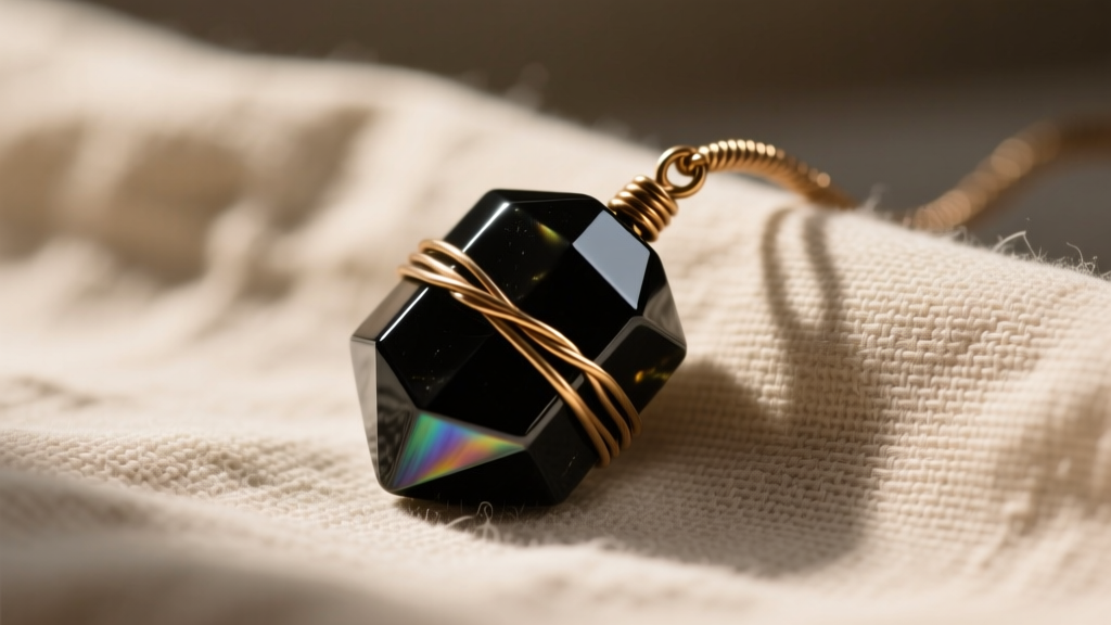 Close-up macro shot of a hexagonal obsidian pendulum pendulum wire-wrapped in raw brass, resting on textured linen with warm shadows