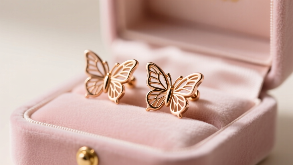 Close-up of elegant 14k solid rose gold butterfly stud earrings resting on a blush pink velvet jewelry box, soft studio lighting.