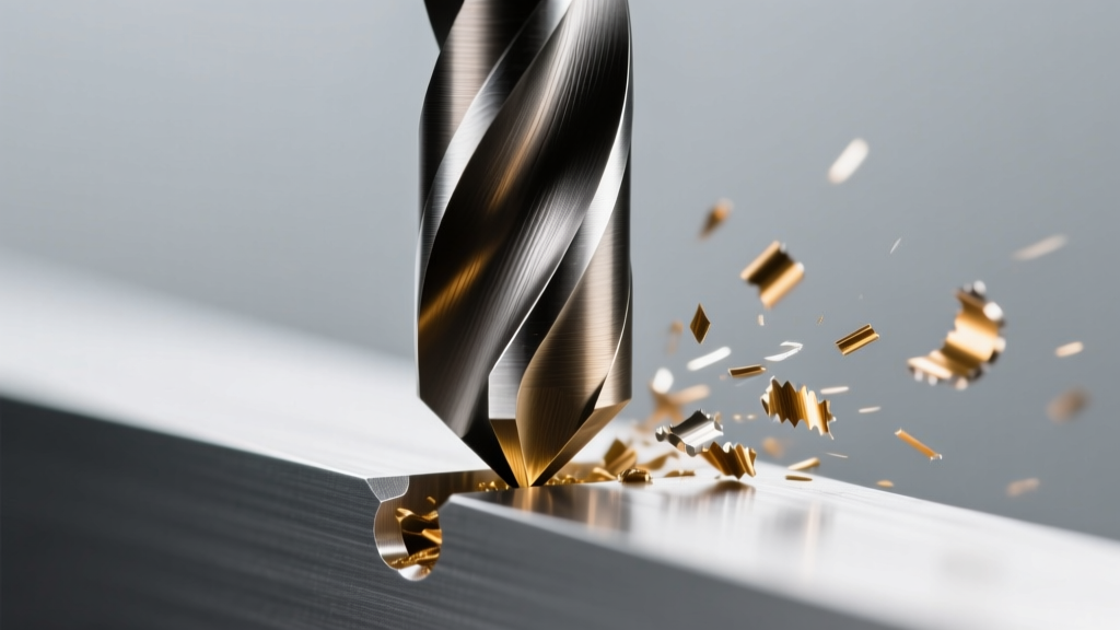 Close-up of a polished high-speed steel drill bit with a 135-degree split point piercing a thick aluminum extrusion, metallic chips curling away