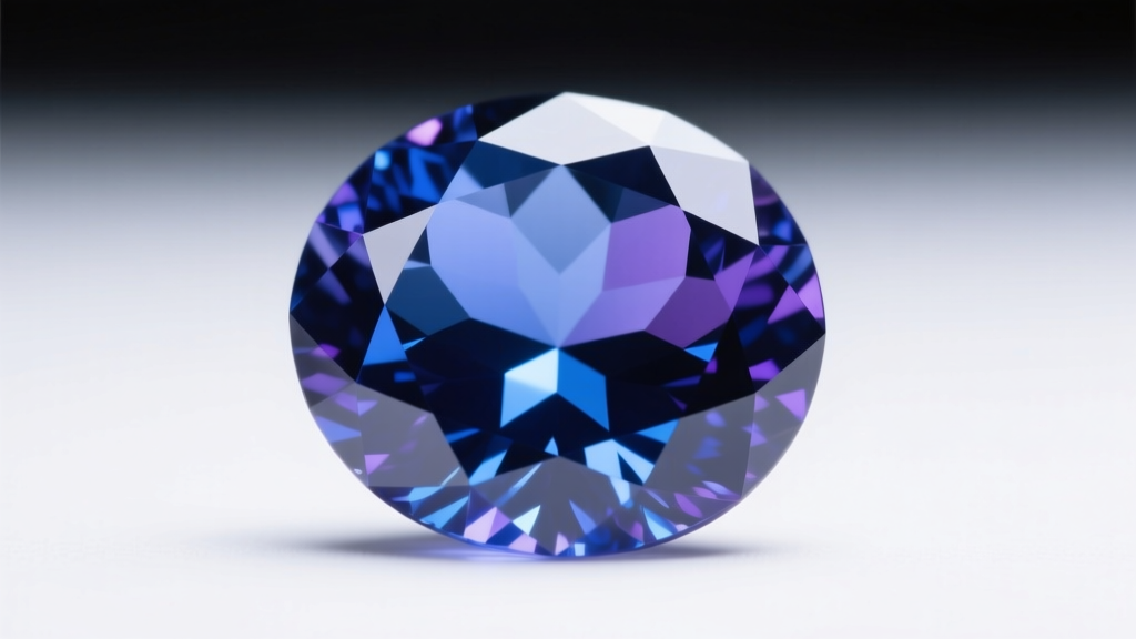 Macro shot of a faceted tanzanite displaying deep blue and violet pleochroic hues under soft, directional studio lighting.