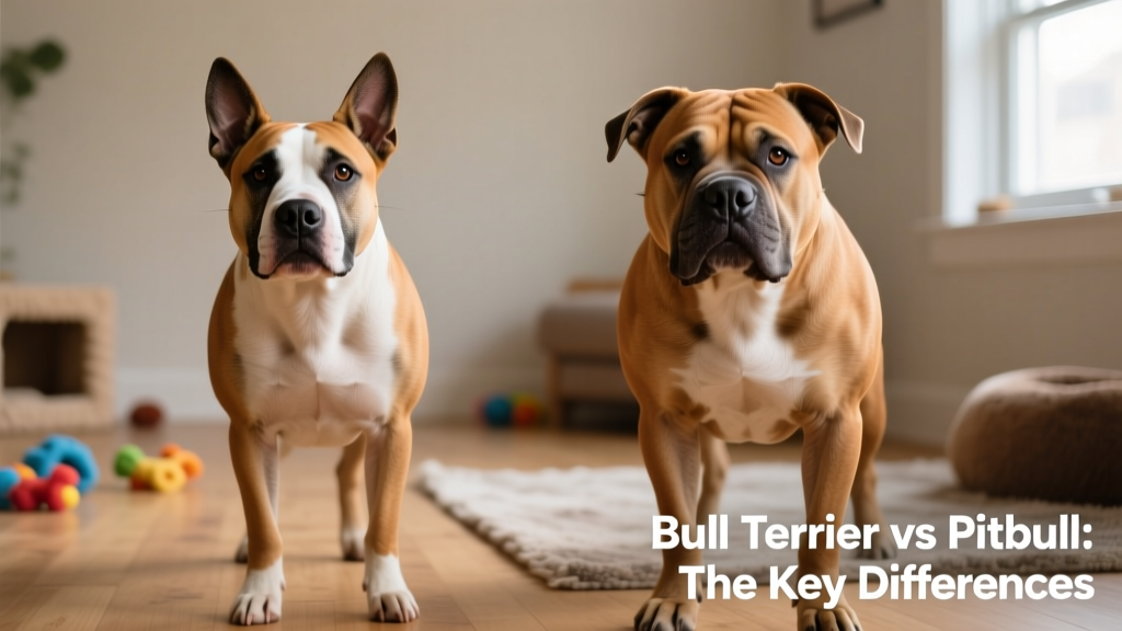 Side-by-side comparison of a Bull Terrier and a Pitbull highlighting head shape, build, and expression
