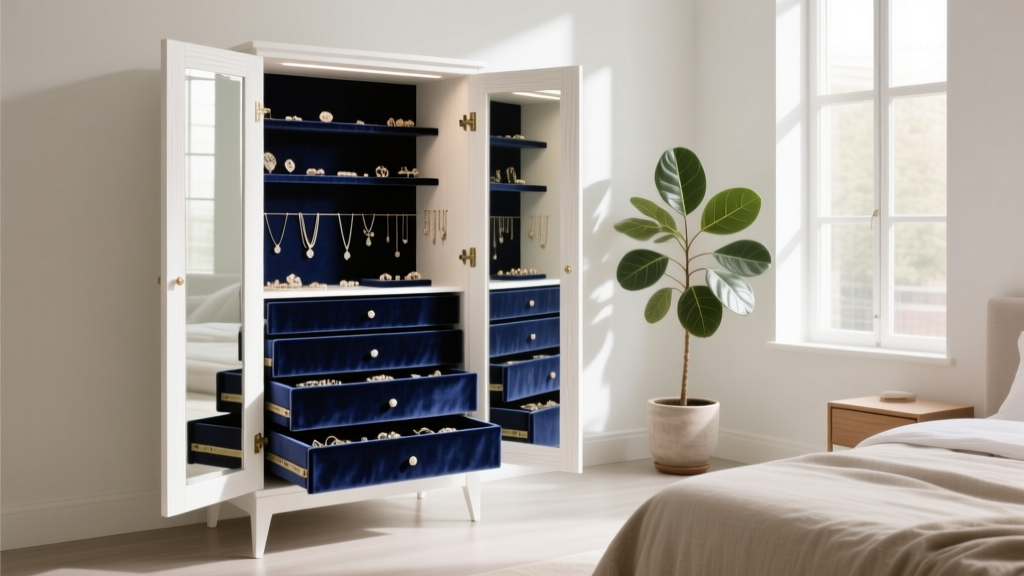 Bright white wood jewelry armoire with mirrored doors open, revealing navy velvet-lined drawers in a modern bedroom setting.