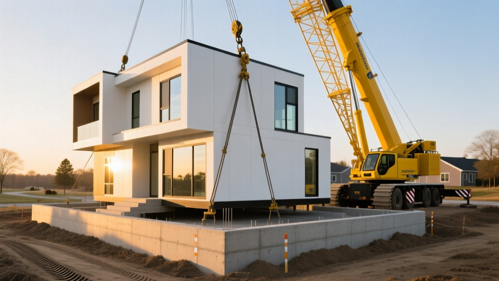 Modern two-story modular home being lifted by a yellow crane onto a poured concrete frost wall foundation during early morning assembly