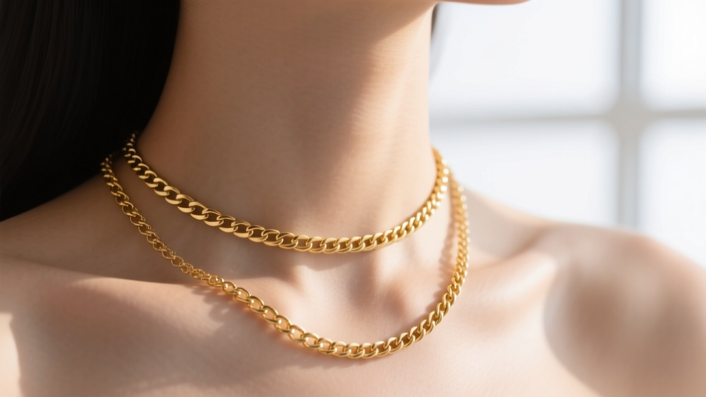 Close-up of a collarbone showing a 16-inch choker and 18-inch necklace, highlighting a two-inch gap between delicate gold chains